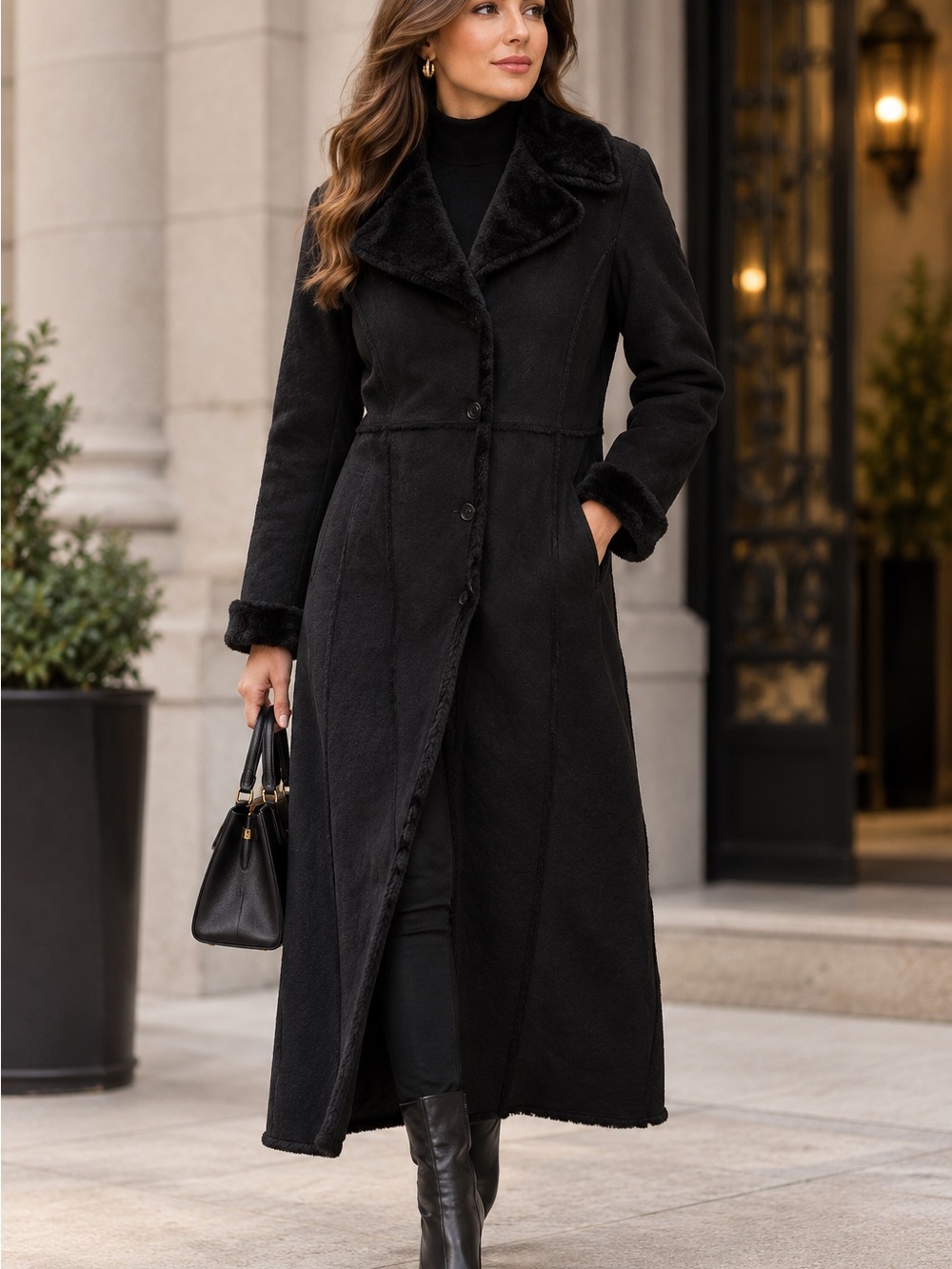 Anne Klein Long Black Faux-Shearling Trim Trench Coat